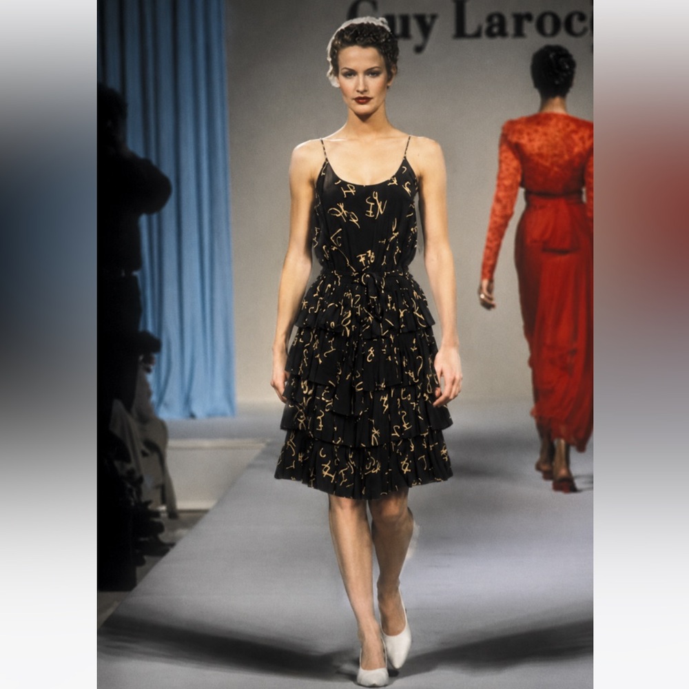Guy Laroche Vintage Runway Black Ruffle Slip Dress with off White Script Print